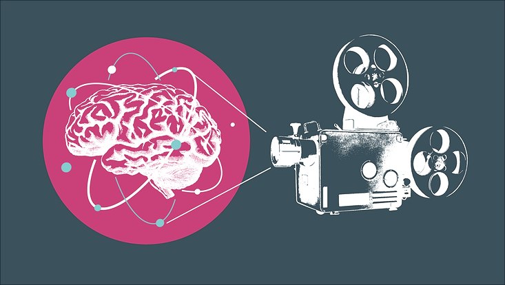 Zeichnung einer alten Videokamera, die ein Gehirn filmt