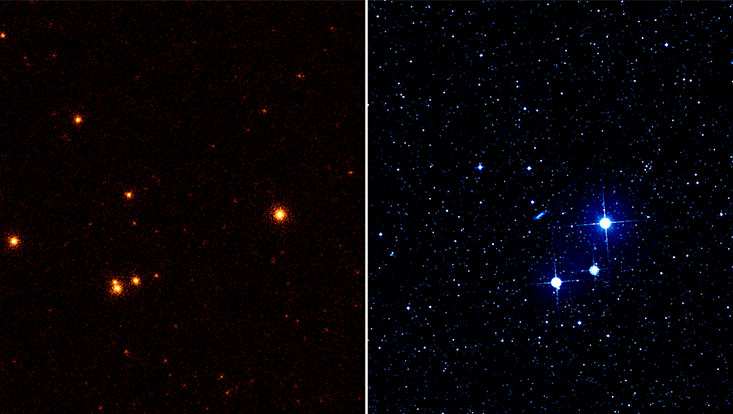A comparison of the X-ray image from eROSITA and the optical image with a conventional telescope of young stars in the constellation Chameleon.