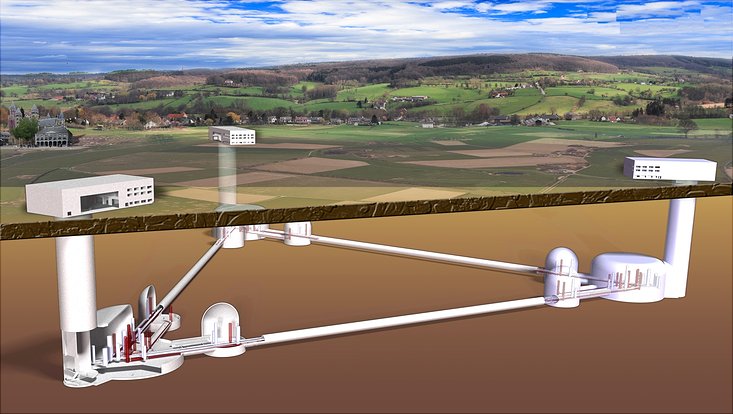 Querschnitt durch Erdschichten mit Ansicht des Einstein-Teleskops