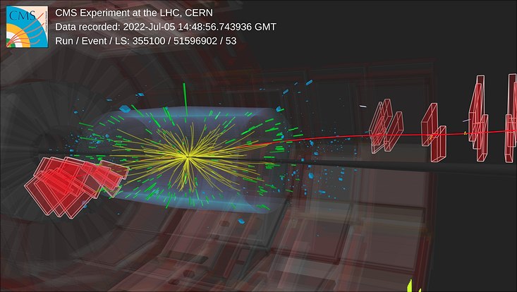 Event display that shows one of the first proton collisions after the restart of the particle accelerator LHC