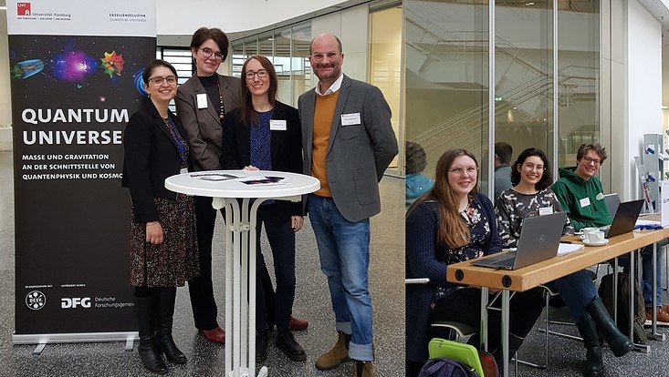A photograph of Some members of the Quantum Universe cluster Office team which helped to organise the QURS days: (L to R) Nafiseh Sajjadi, Jutta Dähling, Henriette Ullman, Virgil Guggenberger, Lea Stankewitz, Rana Ekmekcioglu and Nicolas Guletz.