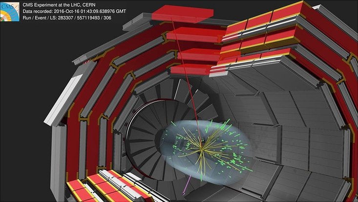CMS candidate collision event for a W boson decaying into a muon (red line) and a neutrino that escapes detection (pink arrow).